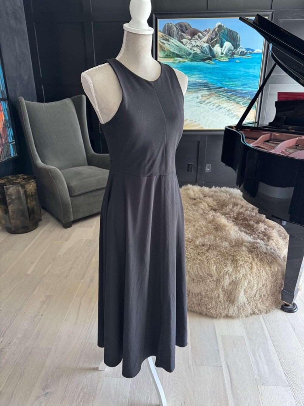 Athleta Black Sleeveless Midi Dress with Flared Skirt